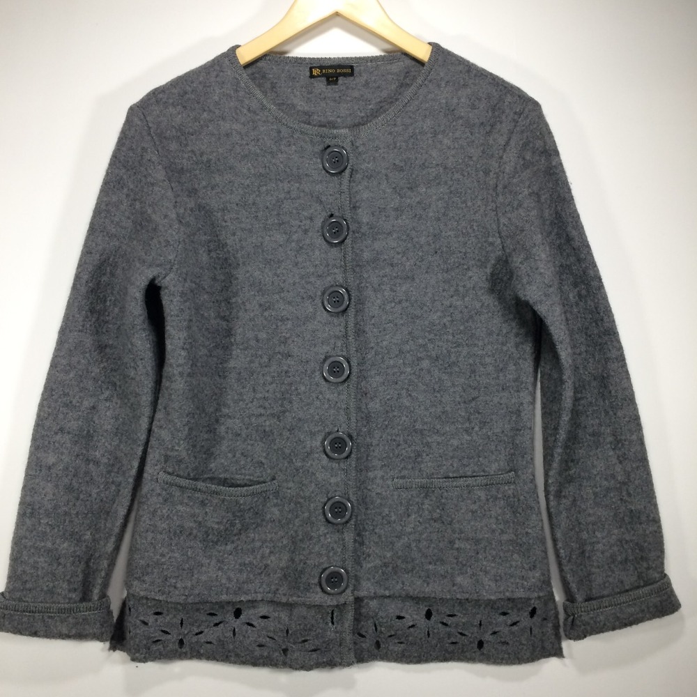 RINO ROSSI Cardigan Sweater Womens Small Boiled Wool Button Up Grey Cutout Hem